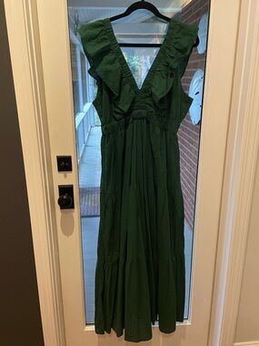 Madison Mathew’s Women's Emerald Green Ruffled V-Neck Maxi Dress, Sz L